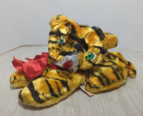 My  Toys Plush Pals vintage orange tiger cat green eyes red bow felt tongue READ