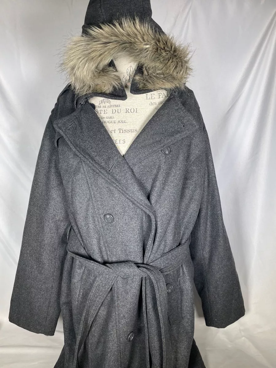 Alpine Swiss Parka Trench Pea Coat Jacket w Fur Hood Women s XXL