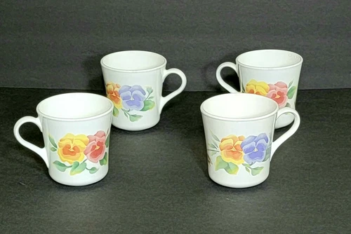 Vintage Corelle Corning Ware Coffee Tea Cups Summer Blush Pansies LOT OF 4 USA