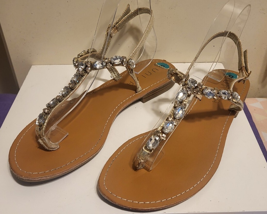 Unisa Gold Leather Rhinestone Jeweled T-Strap Flat Sandals MSRP $120
