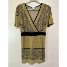 So! Women's BOHO Deep V-Neck Mini Dress SZ XL Back Tie Mandala Design Gold/Black