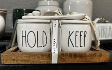 Rae Dunn "HOLD and KEEP  Ceramic Jar Set with Spoons and Wooden Tray.