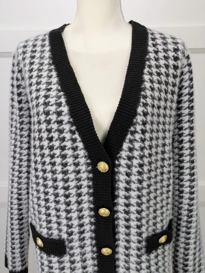 Cárdigan suéter pata de gallo TAHARI para mujer negro blanco dorado bolsillo con botones grande Foto 3 de 4