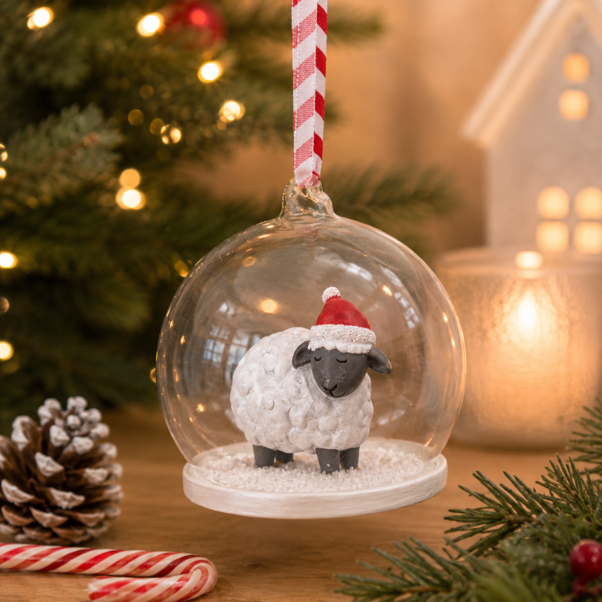 Sass & Belle Santa Sheep Christmas Tree Dome Bauble Farm Yard Festive Home Decor
