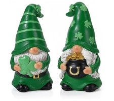 2 Pcs St Patricks Day Gnomes, Resin Leprechaun Figurines for Home, Green Irish S