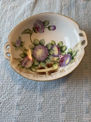 Antique Noritake Hand Painted Bowl Purple Peony Basketweave Gold Handles 1920s