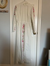 Beautiful Vintage White Mexican Dress In Long Sleeve Multi Color Embroidery M