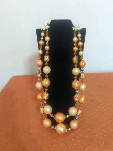 Vintage Vendome Double Strand Necklace & Clip On Earrings Orange Peach Beads - Afbeelding 2 van 17
