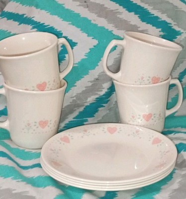 Corelle Pink Heart Glass Dinner Set 8-Piece Cups & Plates Microwave Safe