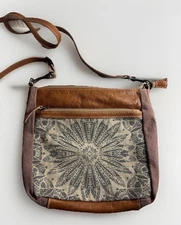 Myra Bag Starburst Upcycled Canvas and Genuine Cowhide Leather Tote Bag
