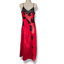 Frederick's of Hollywood Red Satin Sheer Mesh Lace Sequin Maxi Gown Slip Dress L