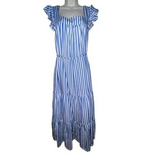 Draper James RSVP Blue White Striped Tiered Ruffle Sleeve Midi Dress Medium