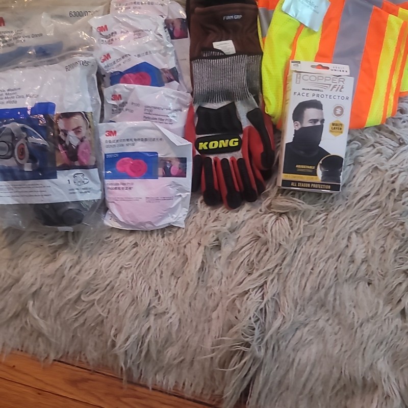 Construction Giveaway 2masks 5packs filters 3pair gloves 1reflevtive vest 1gator