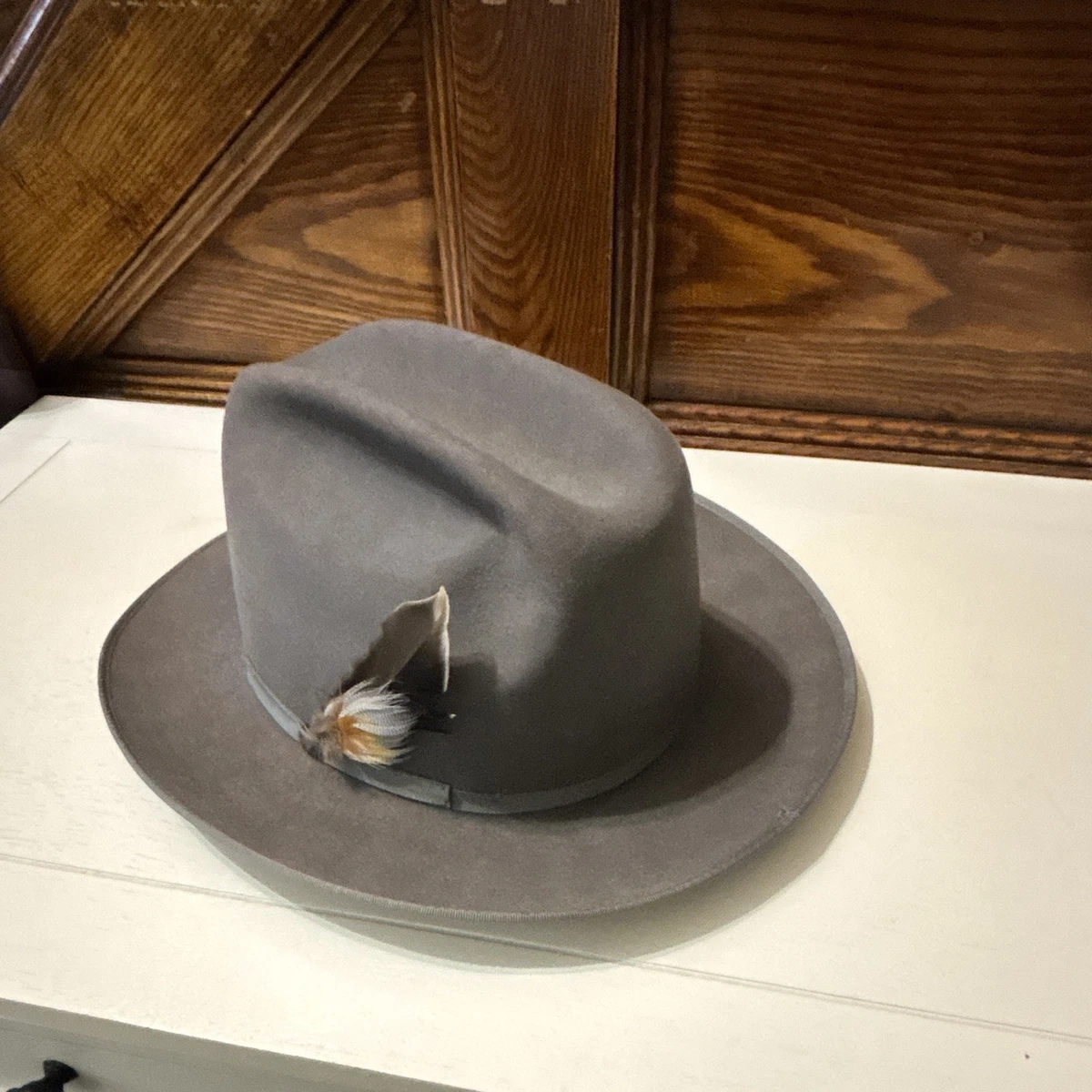 Sombrero Fedora de fieltro de piel gris Adam para hombre ala ancha liso con pluma, talla única