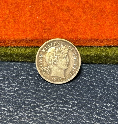 (#102438) Barber Dime:  1908 D  VF details.   shows "LIBERT"