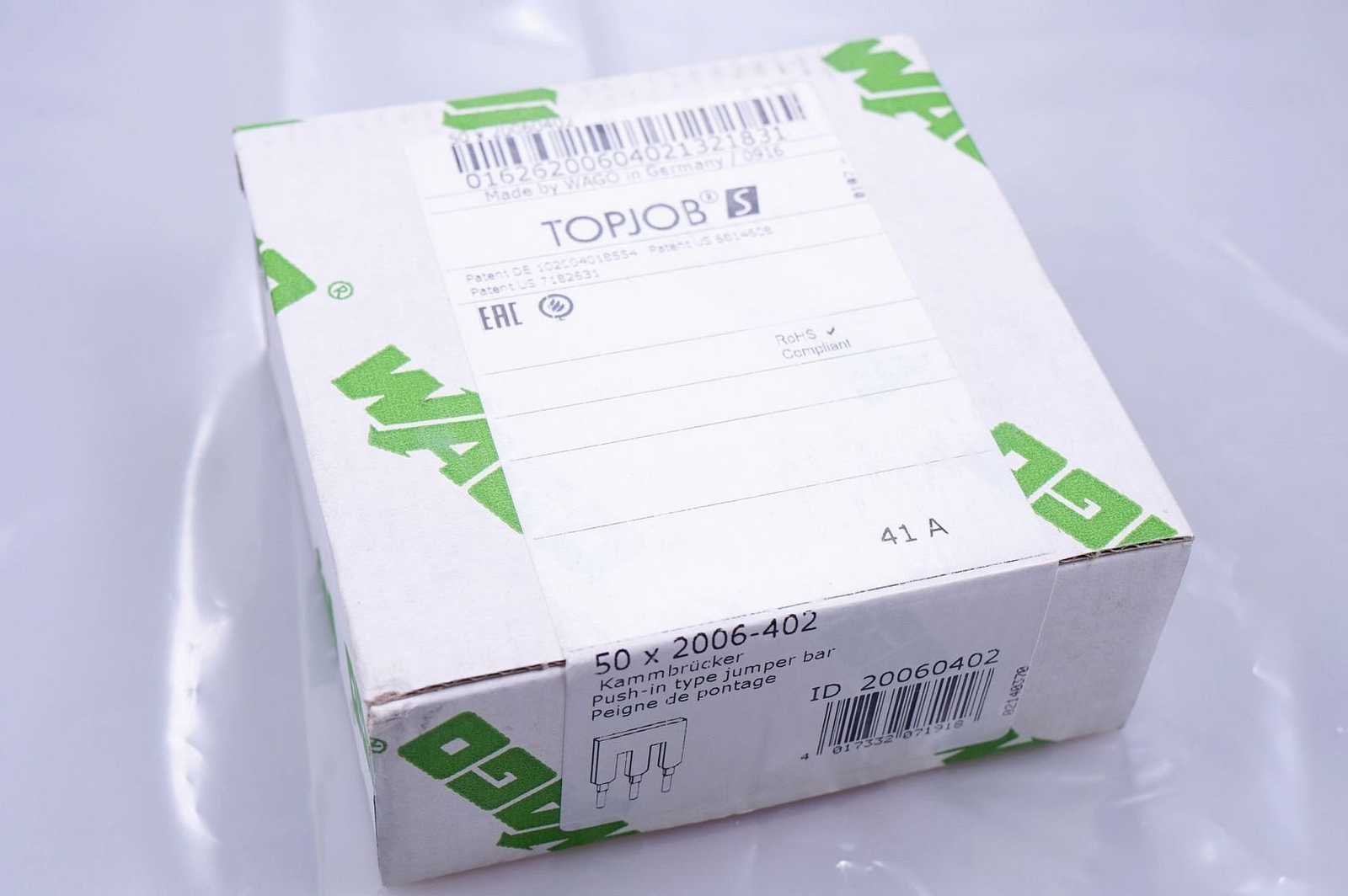 50 Pieces WAGO 2006-402 Kammbruecker, 2-fach, Insulated, Light Grey Topjob Nip