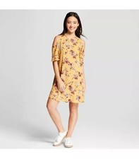 Xhilaration Boho Sheath Mustard Yellow Floral Dress Ruffle Fairy Cottagecore XS