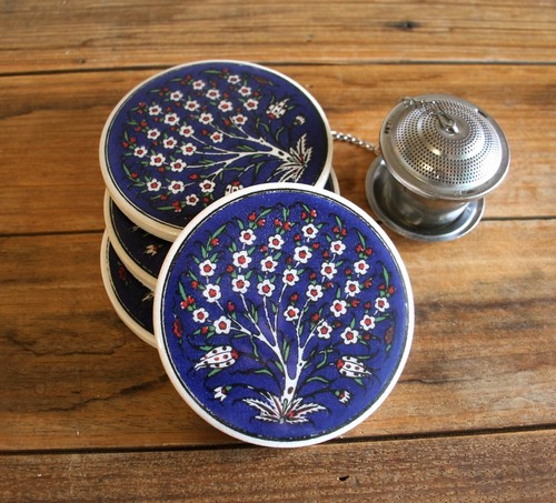 Set of 4 ceramic coasters - Turkish Iznik Tribal Maximalist Designs - ROUND - Picture 25 of 60