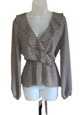 Max Studio Womens Faux Wrap Long Sleeve Black Gold Ruffle Neck Blouse Size M