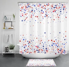 Red and Blue Stars Independence Day Shower Curtain Bathroom Accessories Set