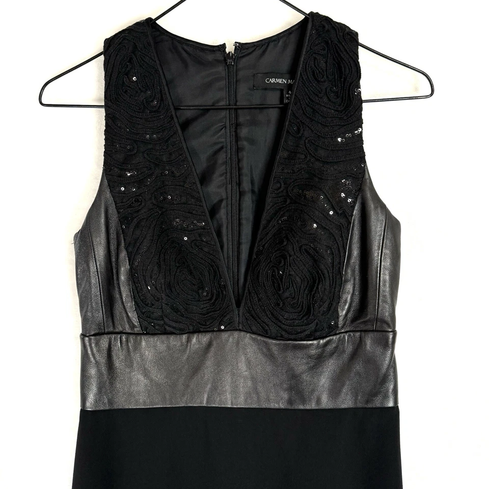 Vestido Carmen Marc Valvo Negro Lentejuelas Talla 4 Cuero Mezcla Lana Formal Fiesta Foto 2 de 4