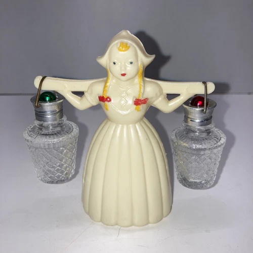 Vintage 1950s 1960s Salt and Pepper Shakers Milk Maid Plastic Glass Excellent