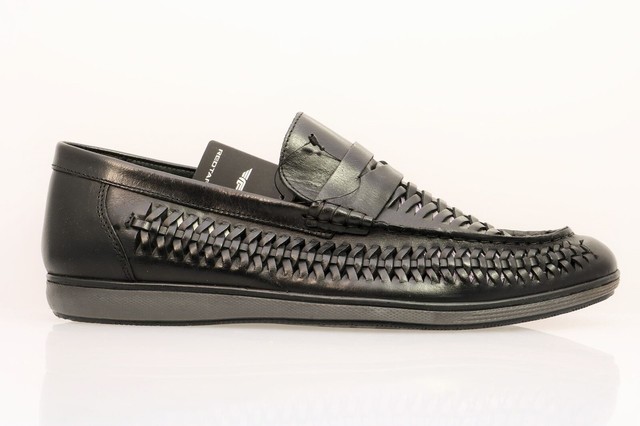 black leather weave loafers