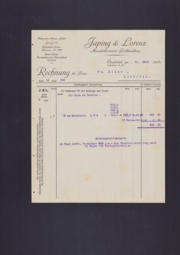 OSNABRÜCK, Rechnung 1929, Japing & Lorenz Manufakturwaren-Grosshandlung - Picture 1 of 1