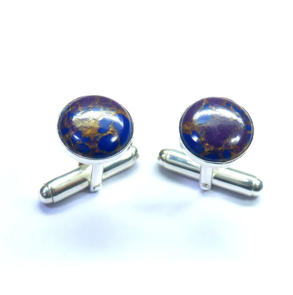 Серебряные запонки, фиолетовые медные бирюзовые запонки, запонки для женихов - Изображение 3 из 4