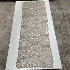 Vintage Handmade Crocheted Beige Cotton Table Runner Intricate 40"x 15"