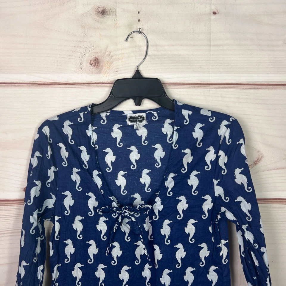 Vestido Mud Pie Cover Up Para Mujer S Azul Caballito de Mar Gráfico Manga Larga Tejido Algodón Foto 2 de 4
