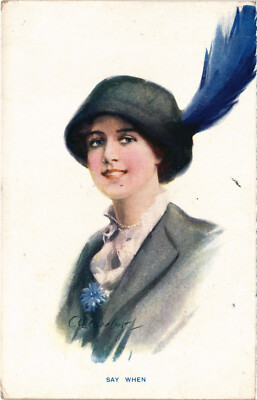 PC ARTIST SIGNED, GLAMOUR LADY WITH BIG FEATHER, Vintage Postcard (b51210)