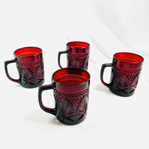 Ruby Red Mugs Set of 4 VTG Luminarc Cristal D'arques France Cup Coffee Tea