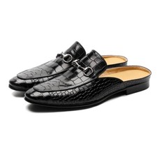 Men's Mules Slip On Slippers Backless Flats Black Shoes Genuine Leather