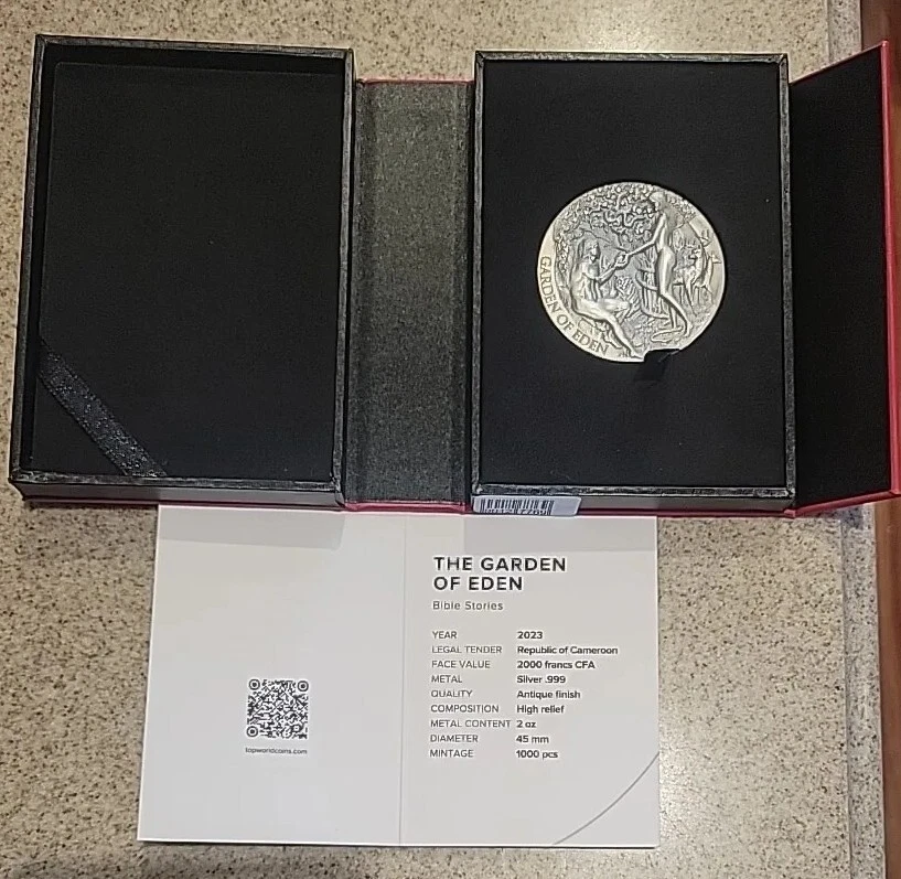 2 OZ .999 PURE SILVER PROOF 2023 GARDEN OF EDEN CAMEROON ROUND COIN GIRL ART - Image 4 of 4