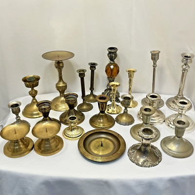 23 Assorted Vtg Candle Holders Brass Silverplate Wedding Home Staging Party