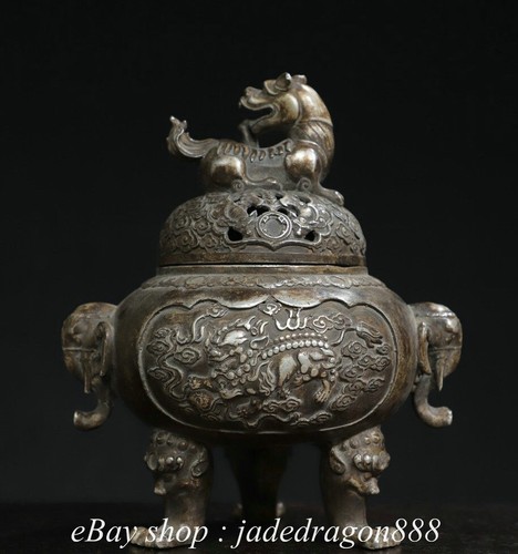 7.6" Qianlong Marked Silver Beast Statue 2 Elephant Head Handle 3 Leg Censer - Picture 7 of 9