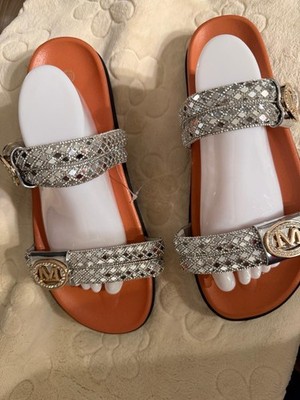 Michael Kors Women's Silver Orange Rhinestone Logo Strap Flat Sandals