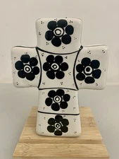 Classic Black & White Ceramic Cross Trinket Box Or Top For Wall!  Made In Mexico