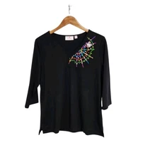 Quacker Factory Embroidered Rhinestone Spider Web Black 3/4 Sleeve Top Medium 