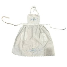 Vtg 1985 White Embroidered Floral Apron Scallop Edge Tulip Pockets Linen L/XL