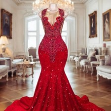 Luxury Red Mermaid Prom Dresses Sequined Sheer Neck Satin Beaded Evening Gowns