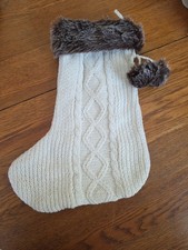 Christmas Stocking Cream Cable Knit Faux Fur 19" Vintage Lined Inside