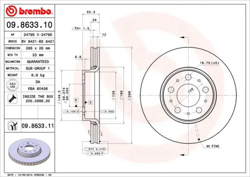 2x Disque de frein ventilé de l'intérieur 09.8633.11 BREMBO pour VOLVO V70 I S70 - Photo 1/8