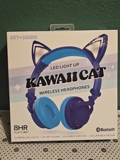 LED Light Up Kawaii Cat Bluetooth/Wired Headphones, Kids Headset, Blue - NEW