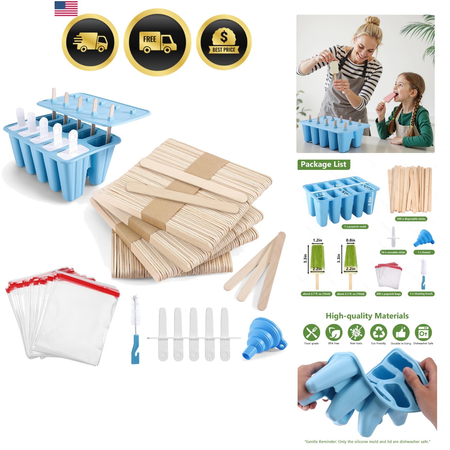 10-Count Popsicle Mold with 200 Sticks, 200 Bags, 10 Reusable Sticks | Silico...