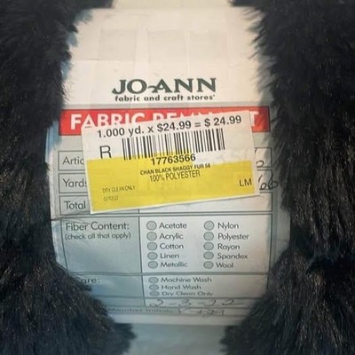 NEW 1 Yard Black Shaggy Faux Fur Fabric   100% Polyester   Joann   NEW