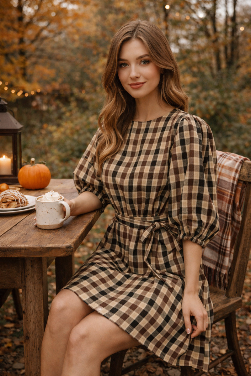 Nasty Gal Plaid Puff Sleeve Dress Size 6 Brown Check Cotton Tie Waist NWT Nasty Gal Plaid Puff Sleeve Dress Size 6 Brown Check Cotton Tie Waist NWT