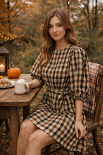 Nasty Gal Plaid Puff Sleeve Dress Size 6 Brown Check Cotton Tie Waist NWT