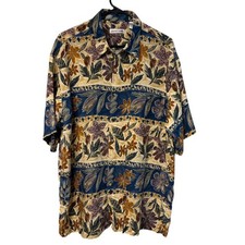 Pierre Cardin Mens Large Floral Print Shirt Beige Blue Short Sleeve Button Up